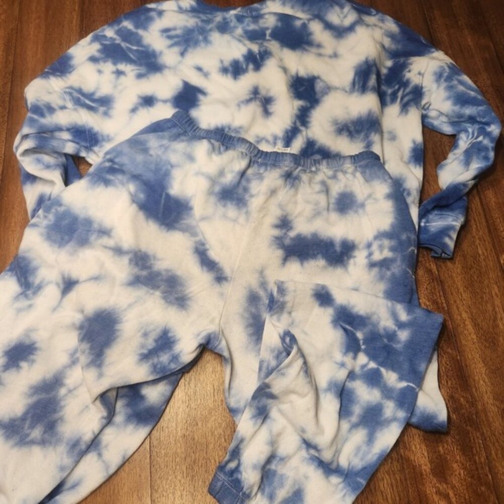 GARAGE Tie Dye Sweatshirt Jogger Pants Lounge Set Blue White P/S Cozy - Picture 4 of 7